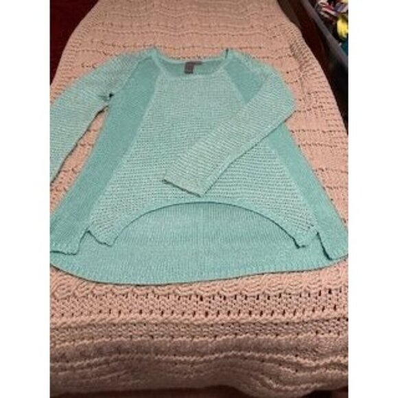 QUINN WOMEN'S‎ SM Aqua Open-Knit Sweater With Asymmetrical Hem Long Sleeve Small - Picture 1 of 12